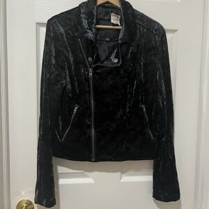 American Eagle Crushed Velvet Moto Jacket Black Women L Zip Biker Style Y2K Chic